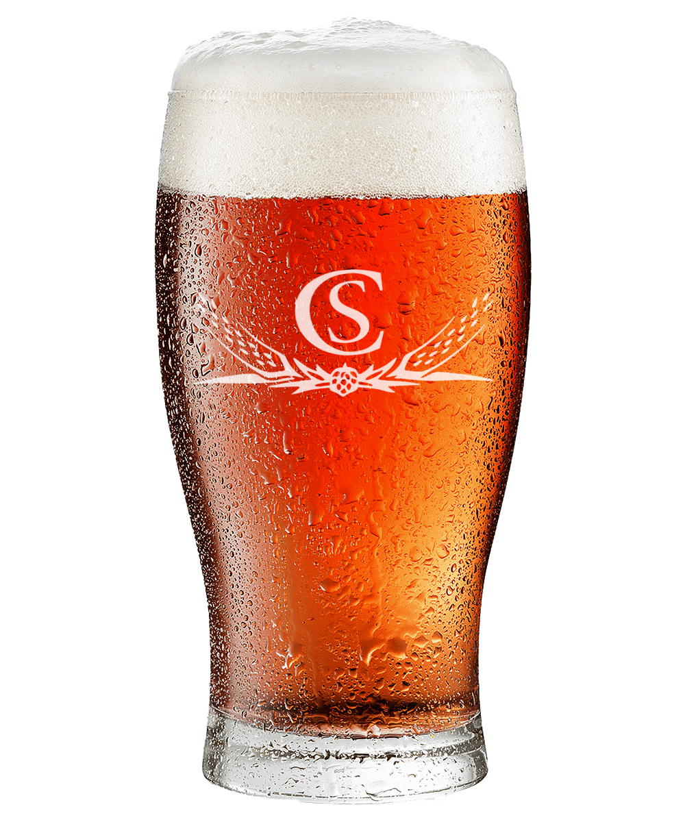 red beer pint with logo