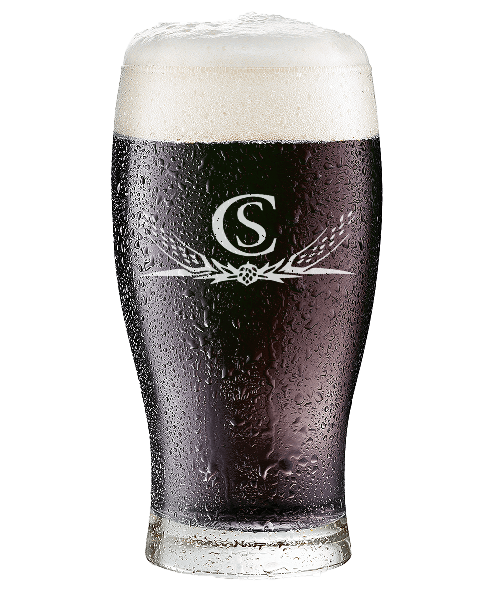 dark beer glass with logo
